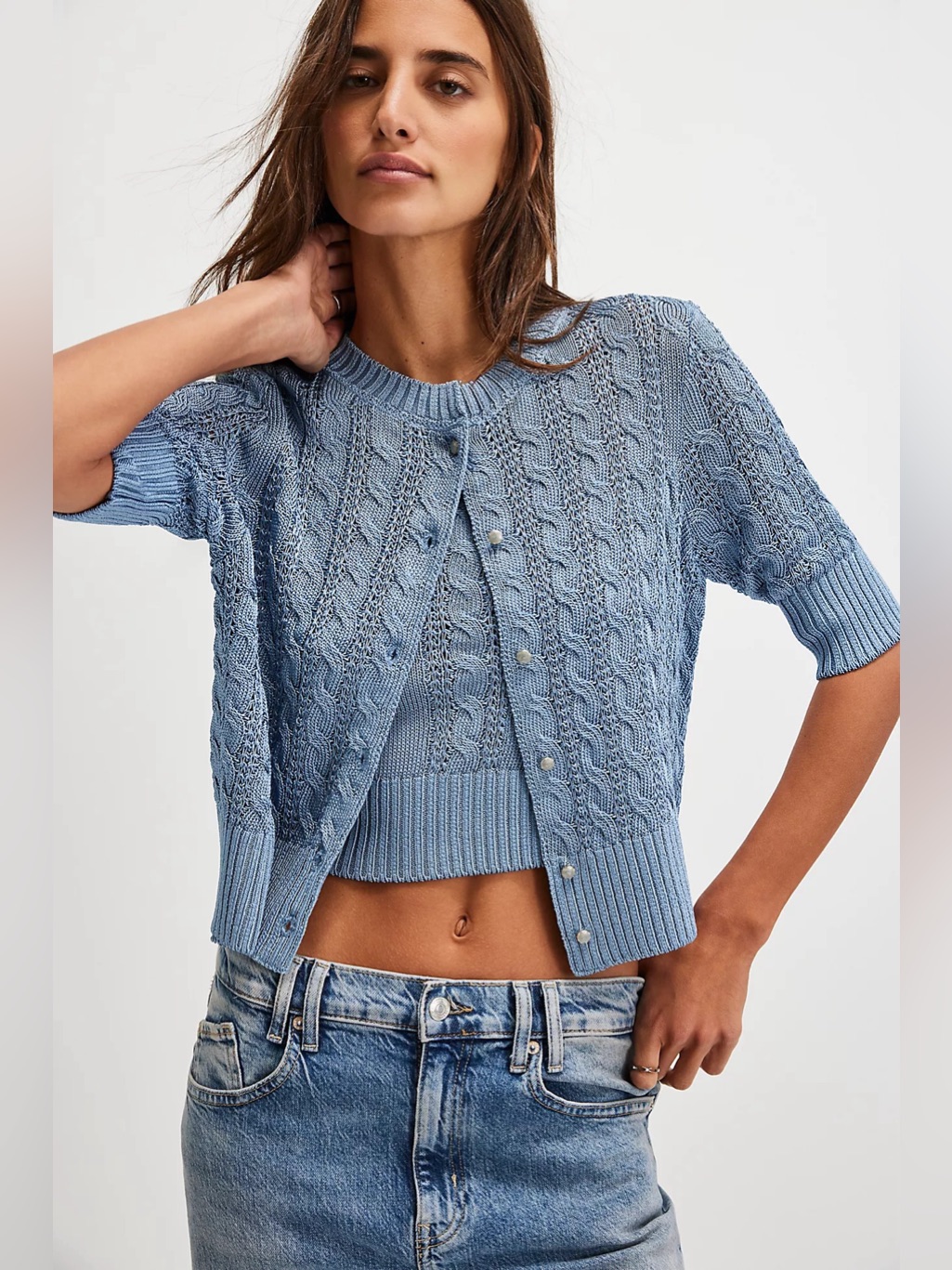 Free People Nwt Sukie Cardi Co-Ord Knit 2 Piece Matching Tank Cardigan Blue S